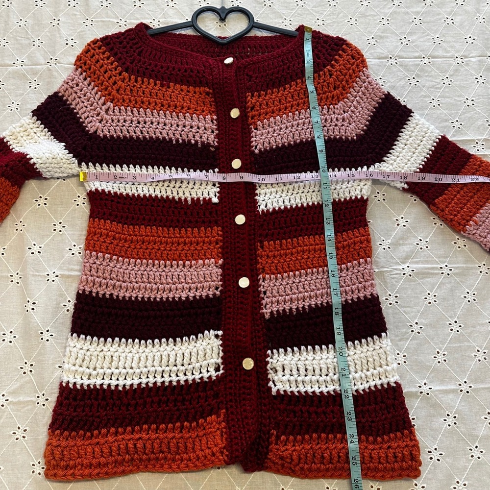 Crochet Cardigan‎ Multicolor Striped Button Front Boho Festival Sweater M - Picture 7 of 8